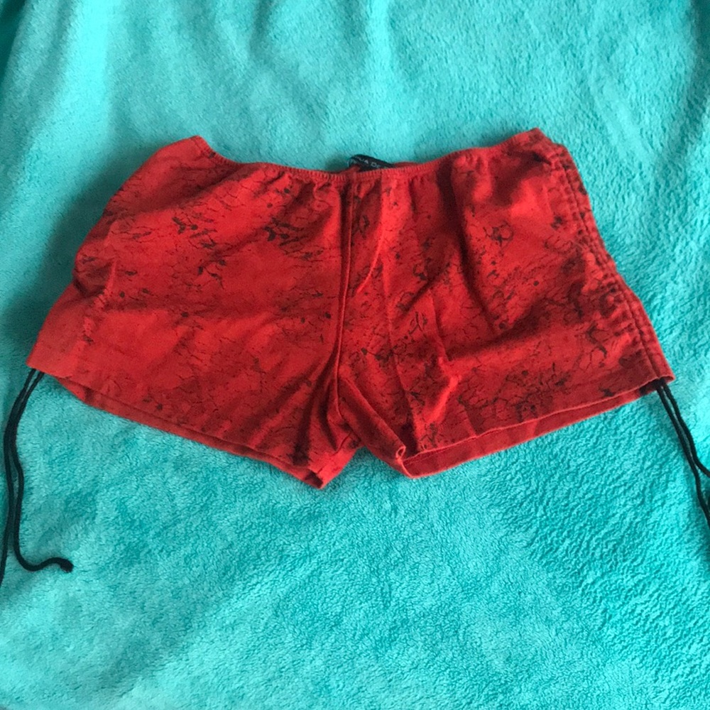 Stretchy red drawstring pole workout shorts
